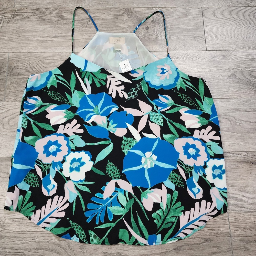 Loft Women's Floral Print Sleeveless Tank Size L Blue Green White Black NWT